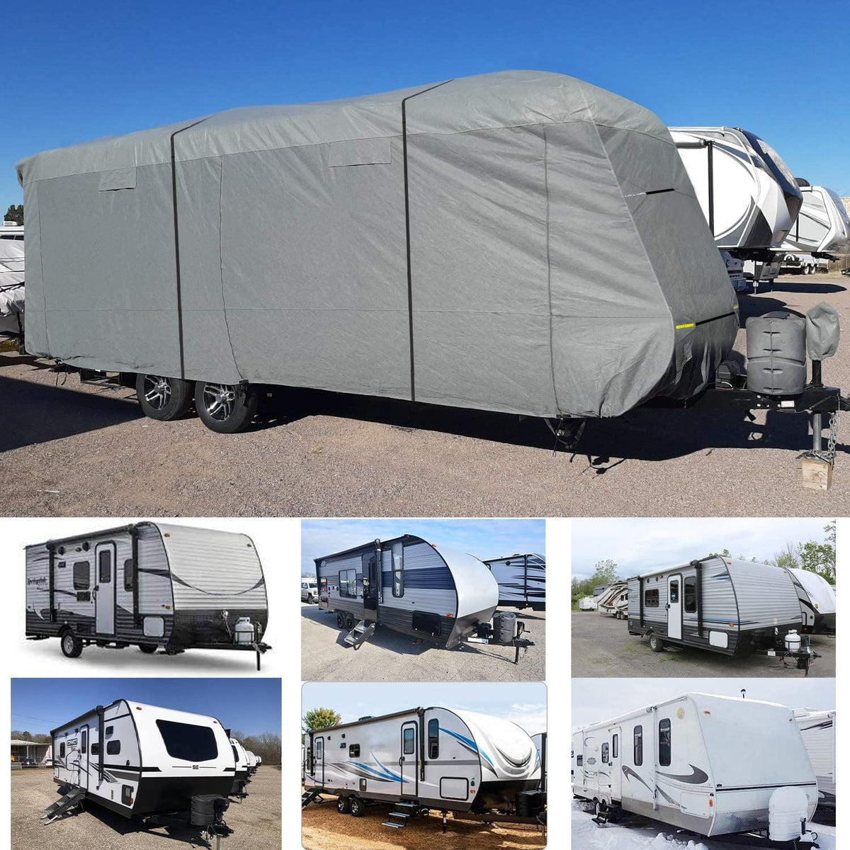 Heavy Duty 6 Layers Windproof Waterproof Camper RV Cover with 4 Tire Covers and 2 Tongue Jack Cover T8118