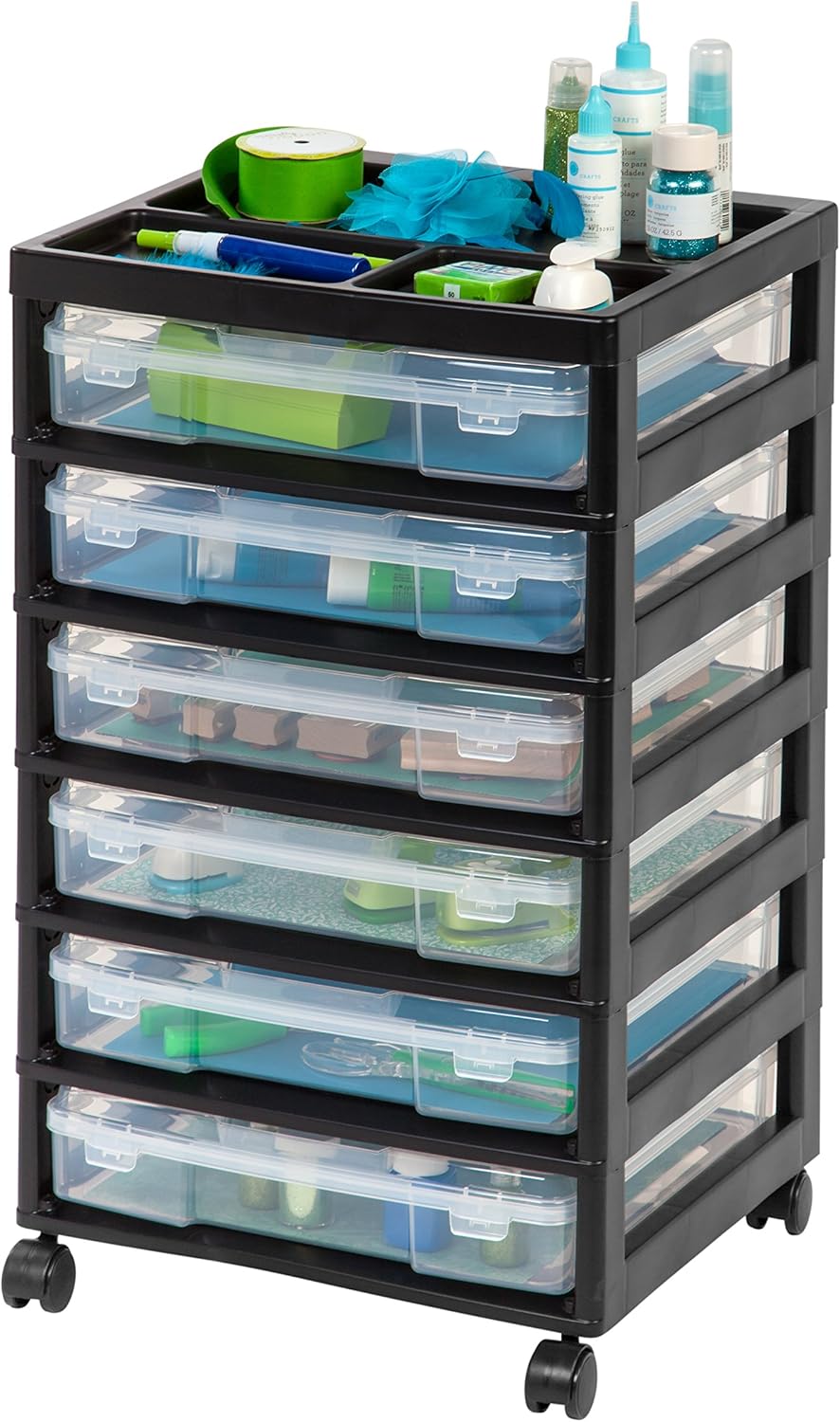Black 6-Drawer Scrapbook Cart with Organizer Top J7378