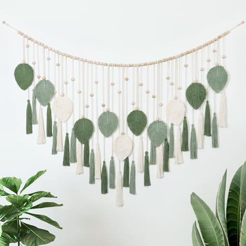 Large Macrame Wall Hanging Beige Green Feather Tapestry Wall Art Wooden Beads Handmade Woven Leaf Tassels Wall Decor Z4127