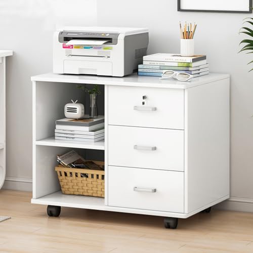 White 3 Drawer Wood Mobile File Cabinet with Open Storage Shelves F481206