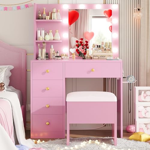 White Vanity Desk with Mirror and Lights, 5 Drawers, and Stool B659228
