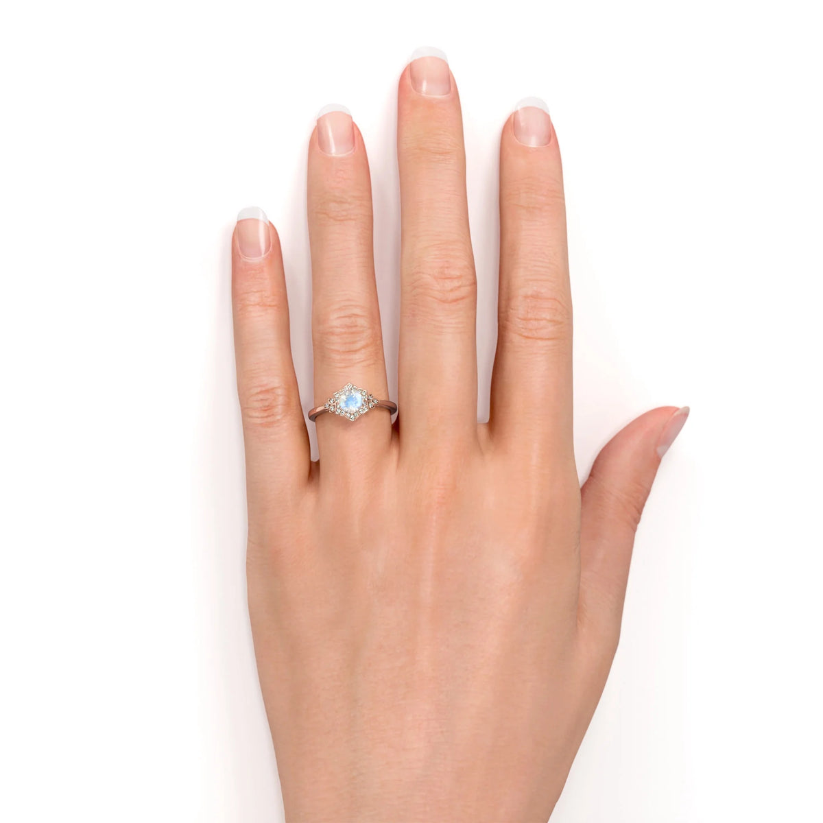 18k Rose Gold over Silver Blue Moonstone and Moissanite Engagement Ring G840