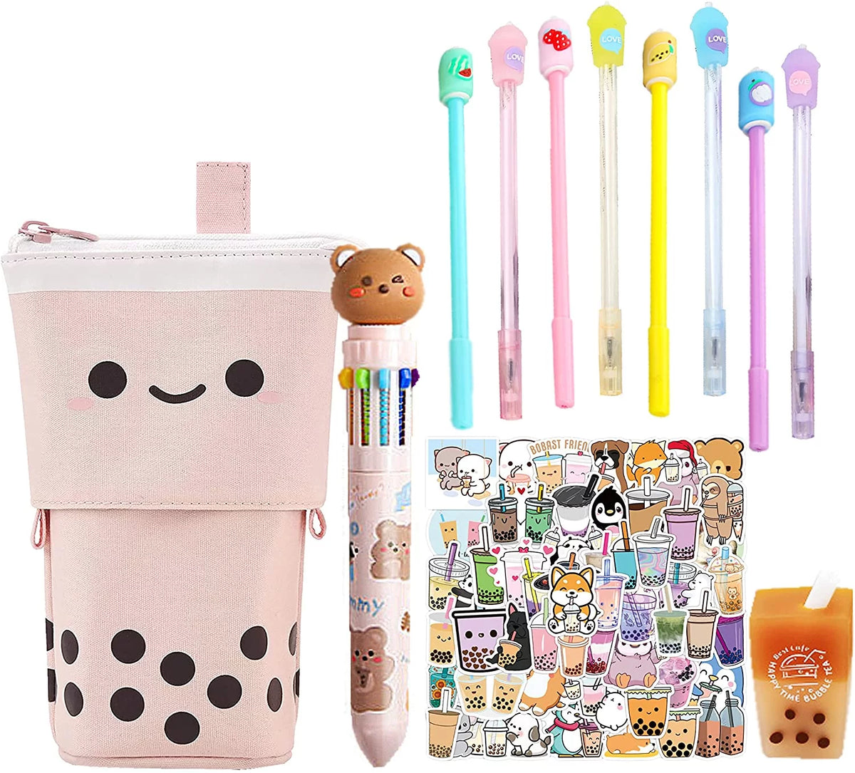 Kawaii Stationery Set with Pop Up Pencil Case, Eraser, 8 Pens, 50 Pcs Stickers Y8328