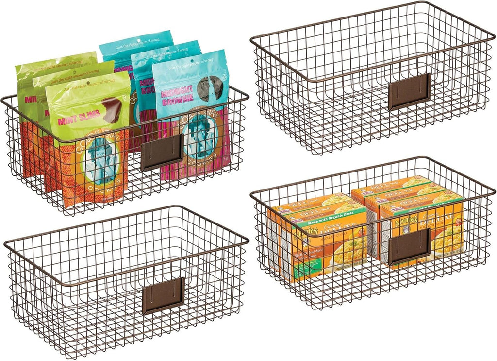 Bronze Metal Wire Food Organizer Storage Bin Basket with Label Slot, 4 Pack J999