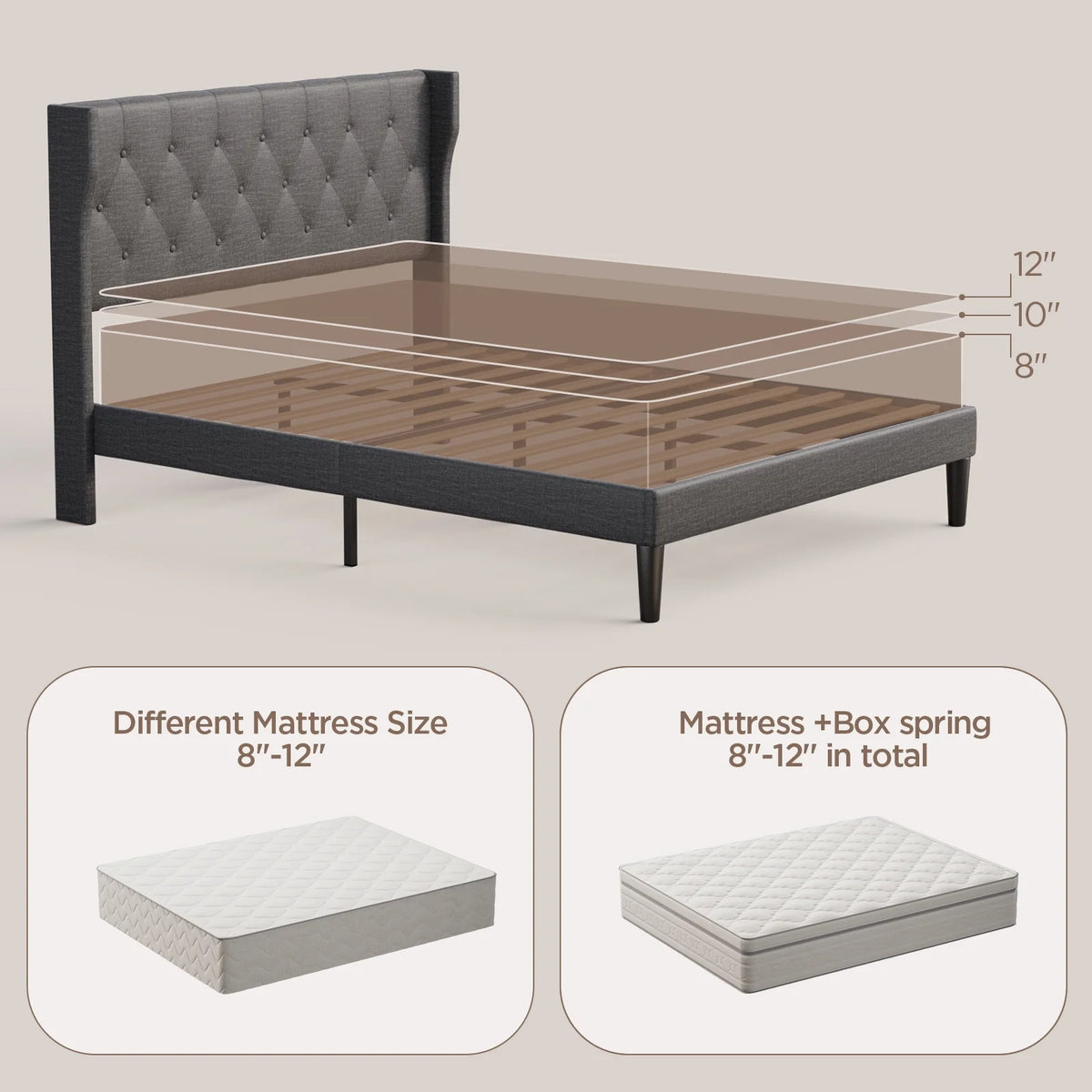 Full Size Dark Gray Bed Frame with Button Tufted Headboard M61723