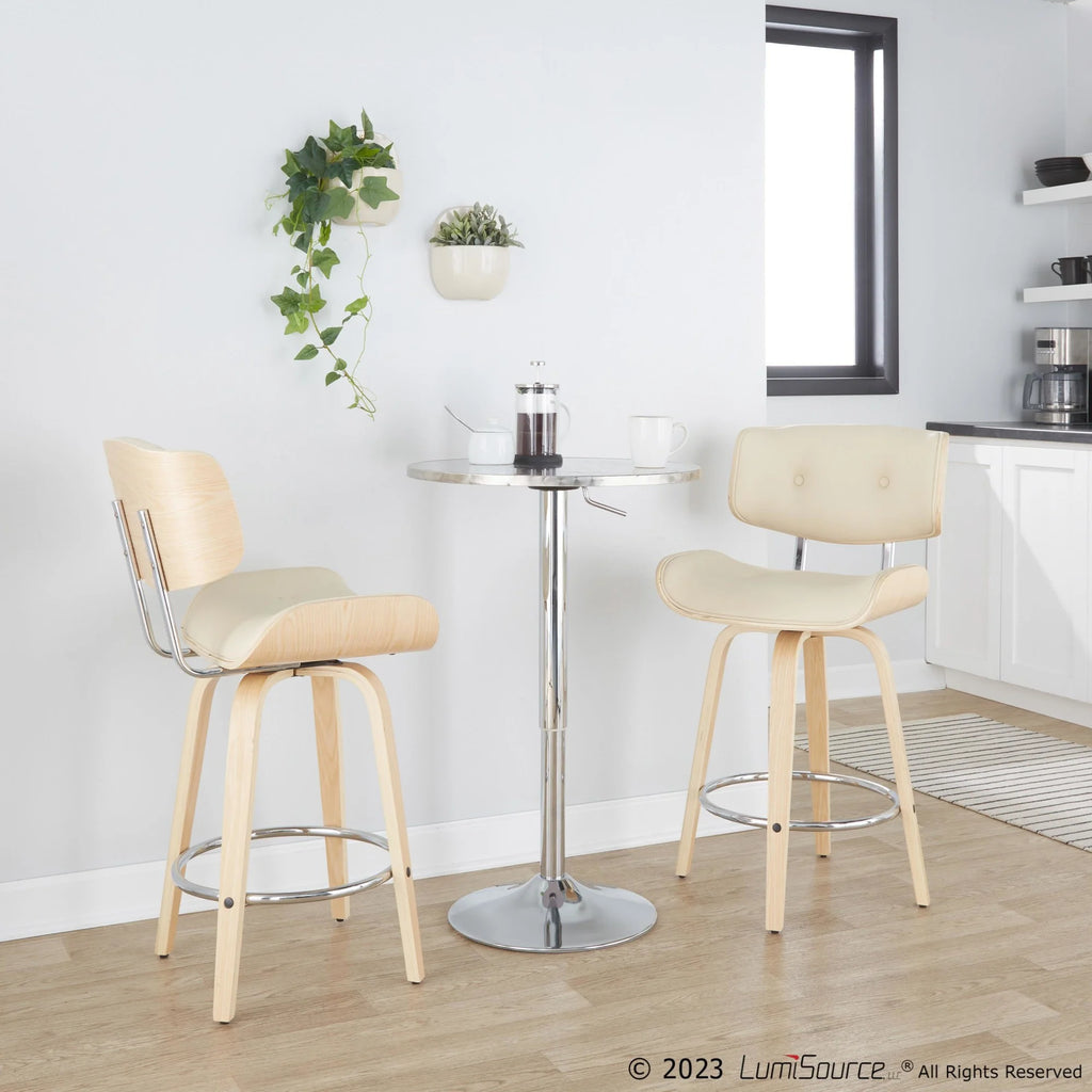 26" Mid-Century Modern Counter Stool with Swivel in Natural Wood and Cream Faux Leather with Round Chrome Metal Footrest - Set of 2 N4111