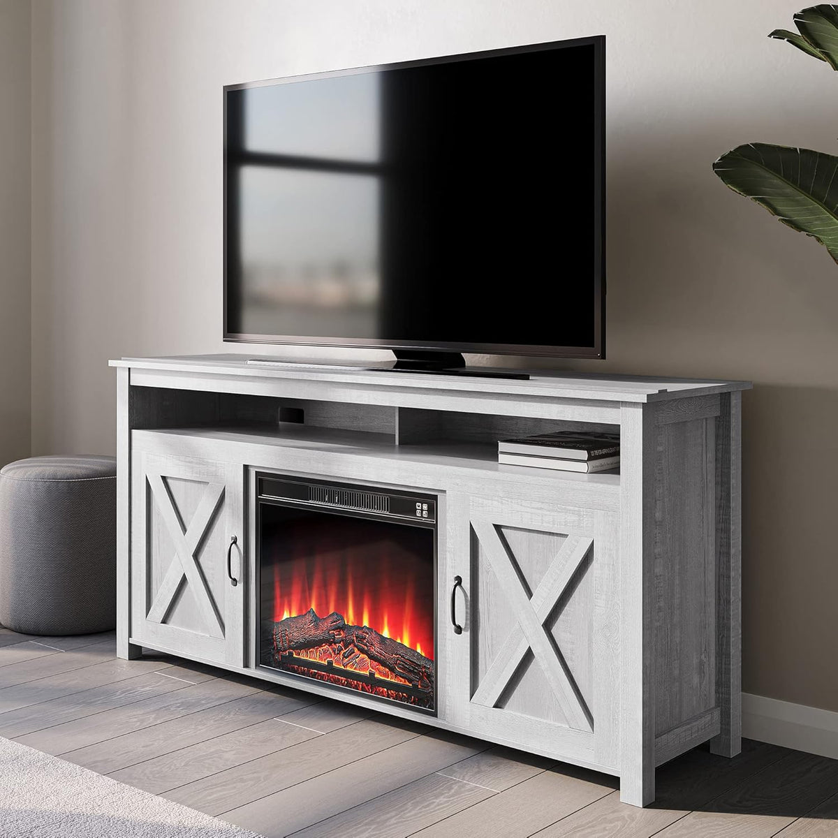 Gray Wash Barn Door Wood Electric Fireplace TV Stand W65645