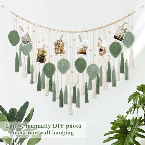 Large Macrame Wall Hanging Beige Green Feather Tapestry Wall Art Wooden Beads Handmade Woven Leaf Tassels Wall Decor Z4127