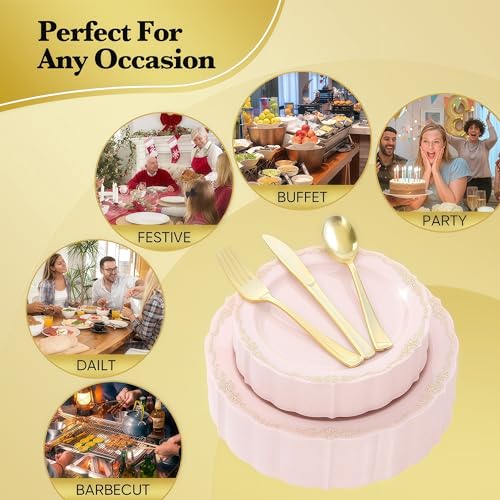 350 PCS Gold Disposable Plates Dinnerware Set C95297