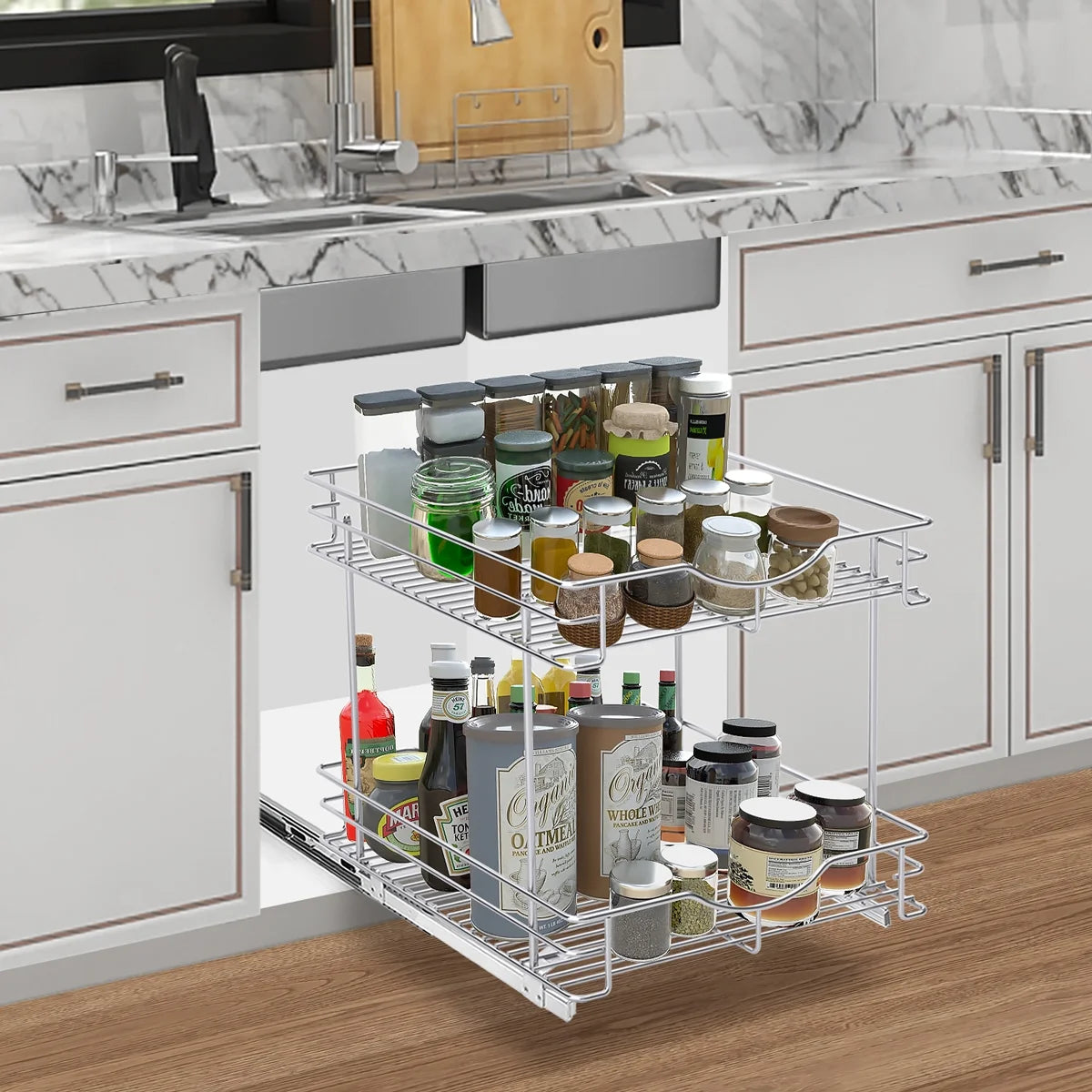 2 Tier Chrome Finish Pull Out Drawer Cabinet Organizer S8050