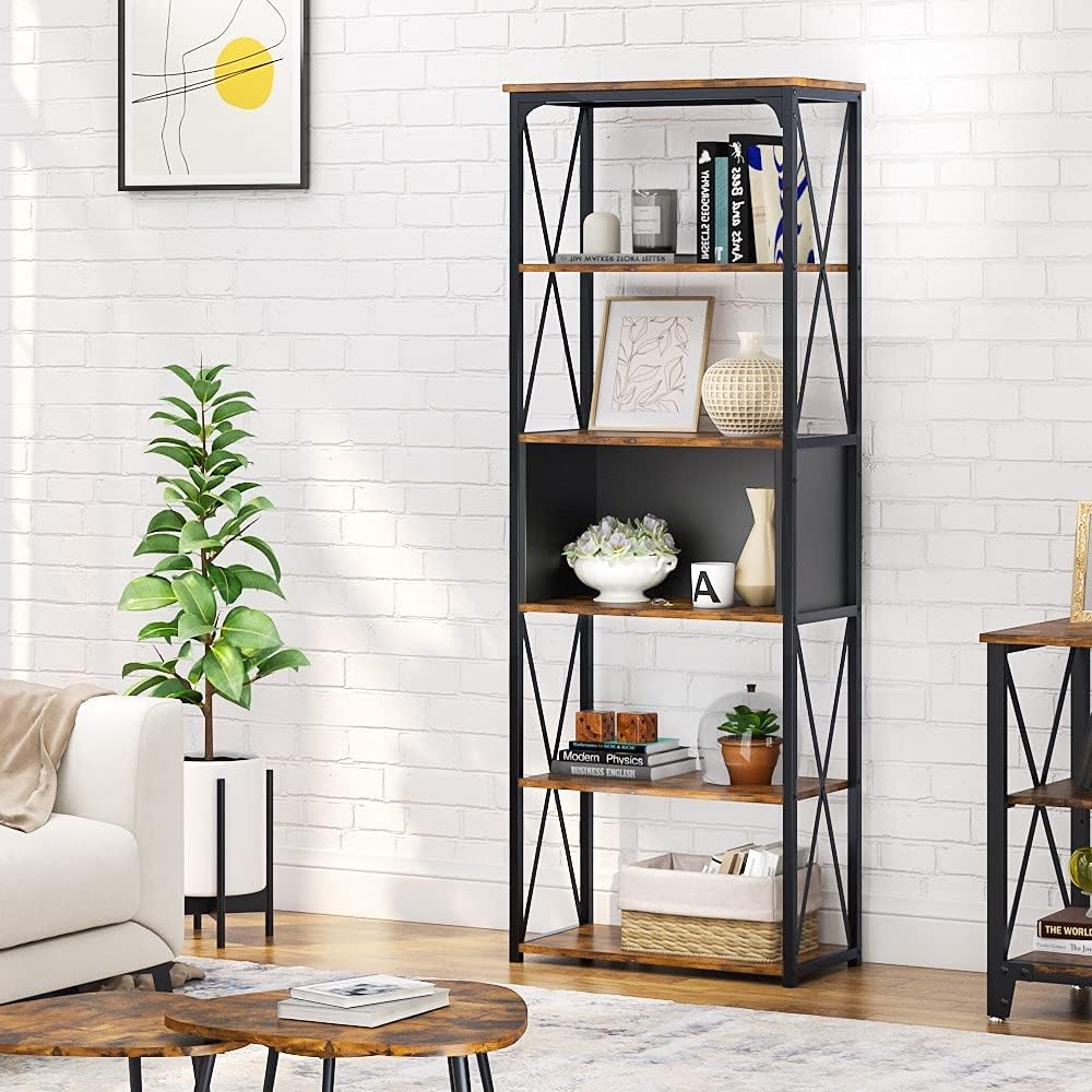 Rustic Brown and Black 5 Tier Bookshelf T318