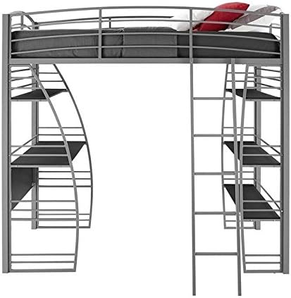 Gray Metal Frame Twin Loft Bed with Desk and Bookcase G378407