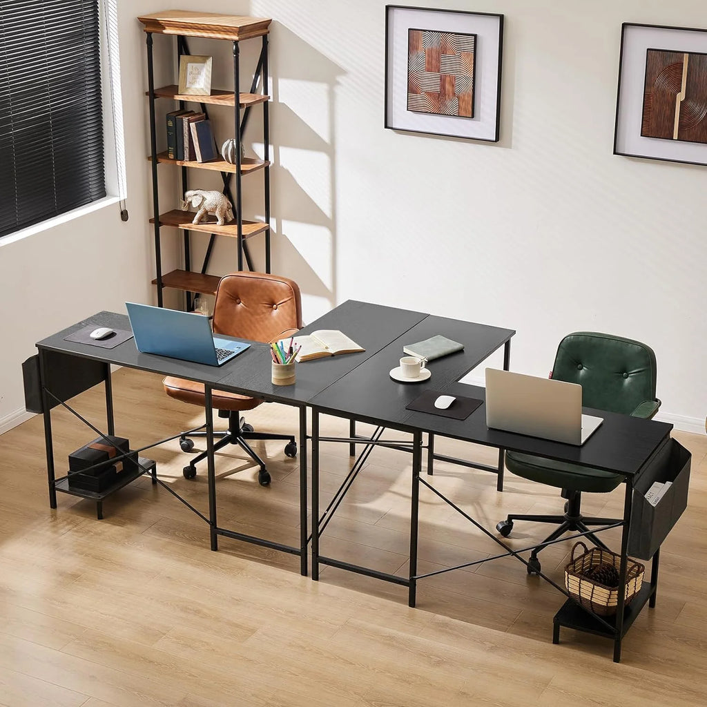 Black L Shaped Computer Desk with Wooden Desktop CPU Stand Side Bag N589313