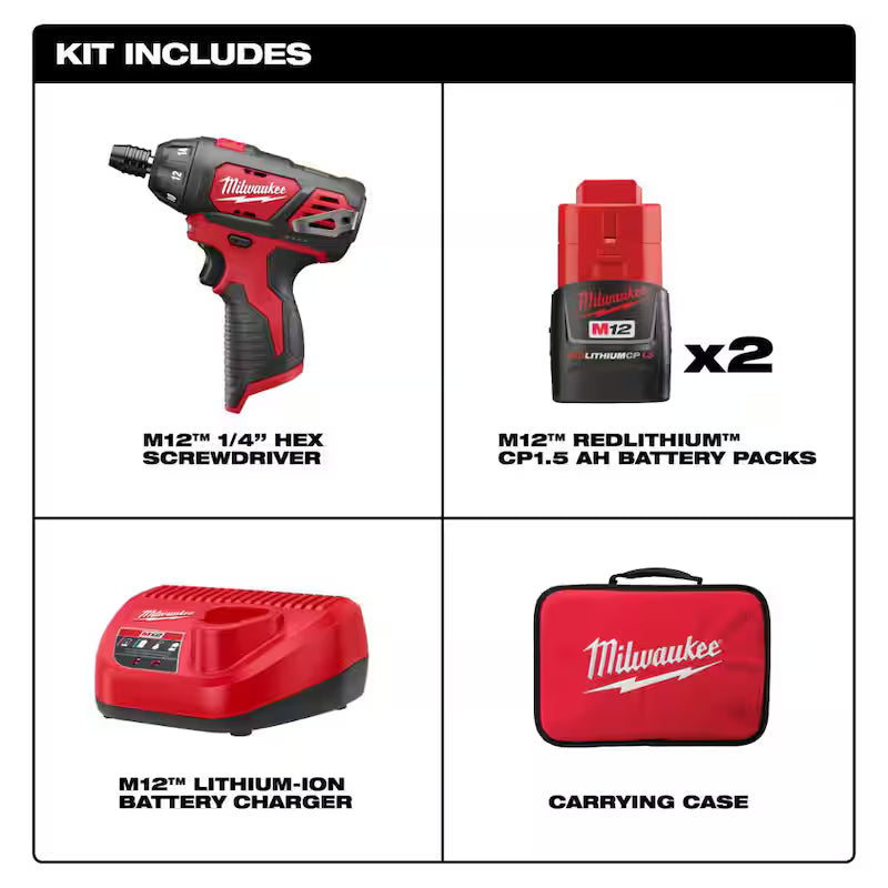 12V Cordless 1/4 in. Hex Screwdriver Kit with Two 1.5Ah Batteries T1042
