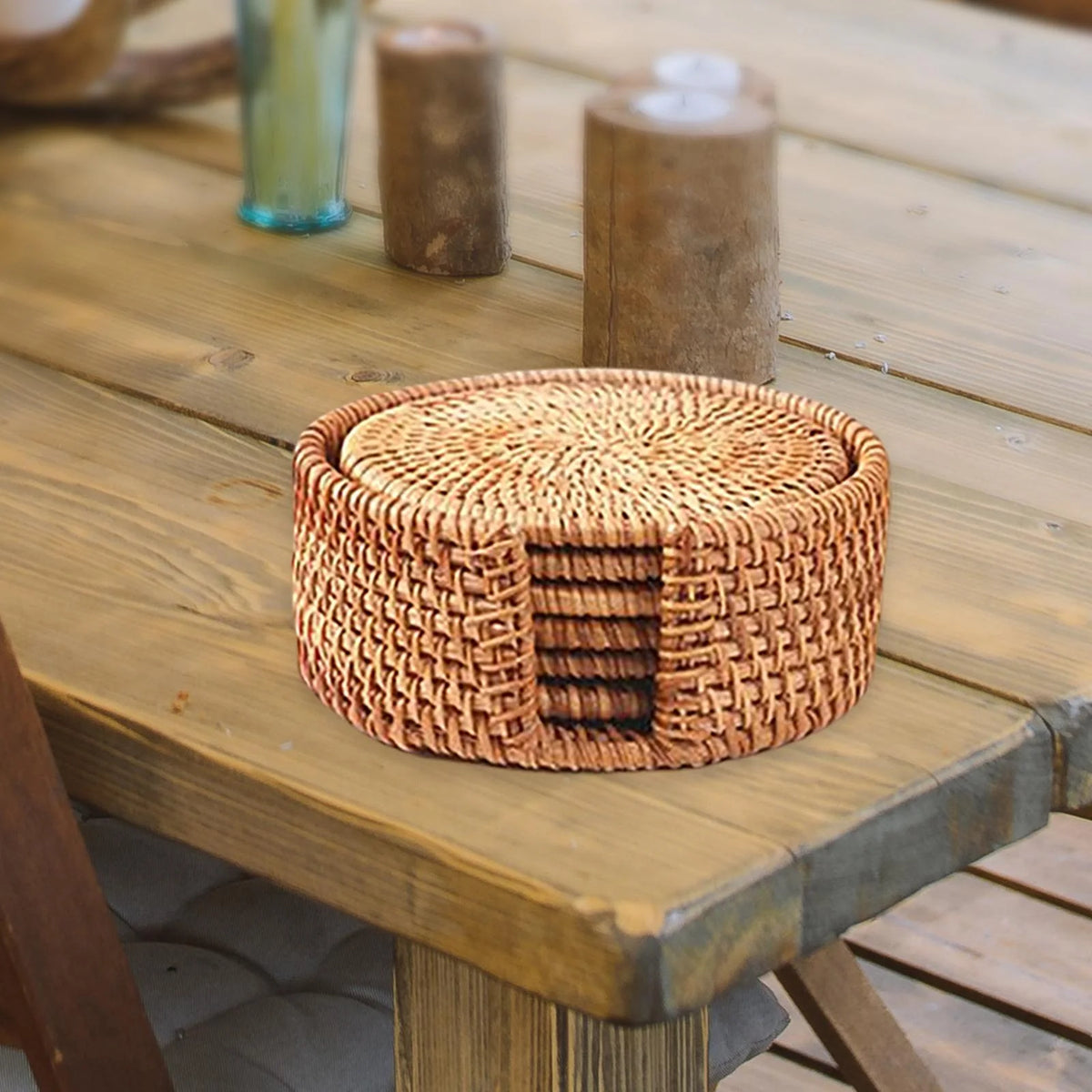 6x Round Rattan Coasters with Holder L458