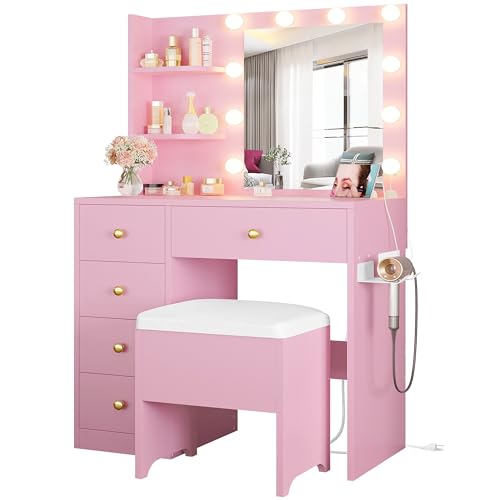 White Vanity Desk with Mirror and Lights, 5 Drawers, and Stool B659228