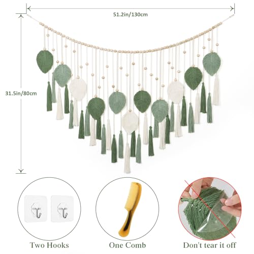 Large Macrame Wall Hanging Beige Green Feather Tapestry Wall Art Wooden Beads Handmade Woven Leaf Tassels Wall Decor Z4127