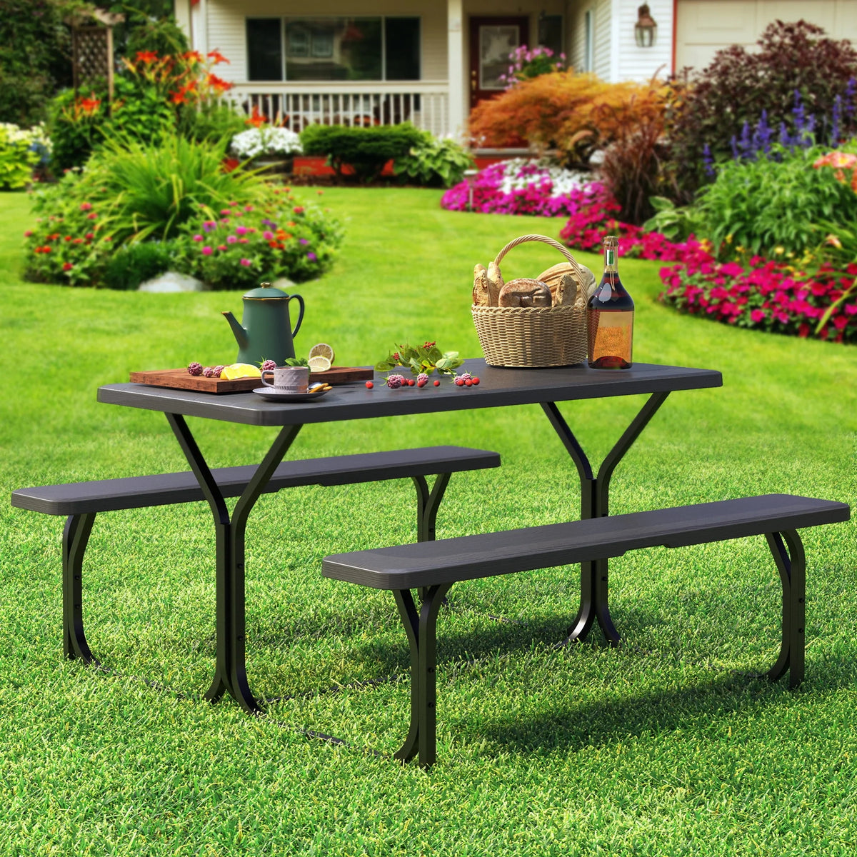 Heavy-Duty Outdoor Picnic Table Set Black A748029