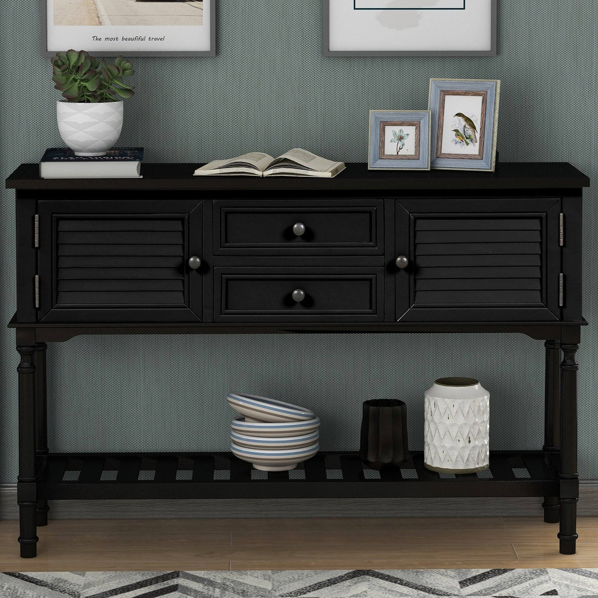 Black Navy Blue Console Table with 2 Drawer Cabinet Shelf V305749