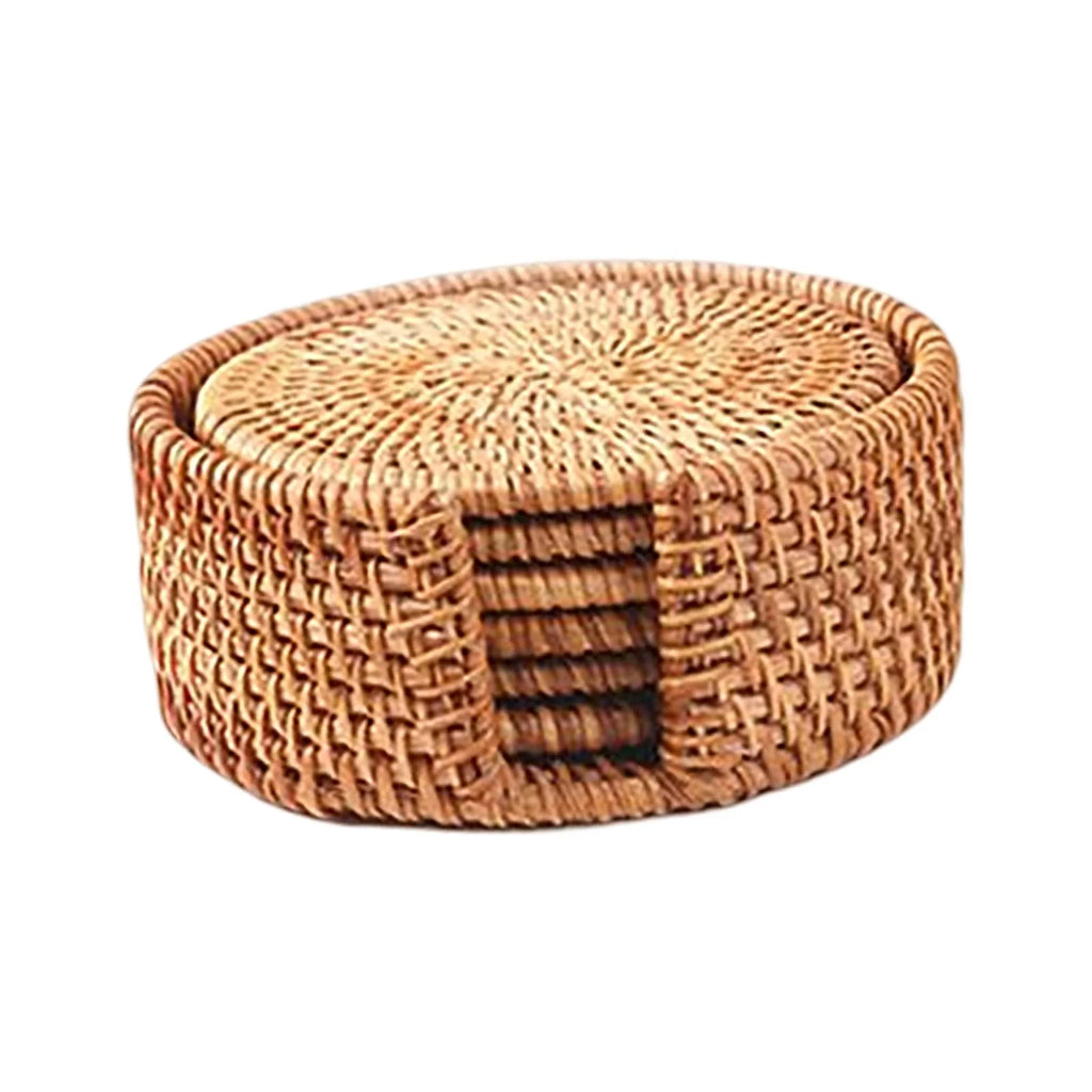 6x Round Rattan Coasters with Holder L458