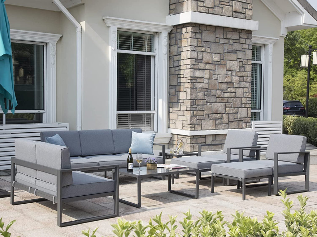 Grey 8 Piece Aluminum Outdoor Sectional Sofa with Ottomans and Coffee Table Z642589