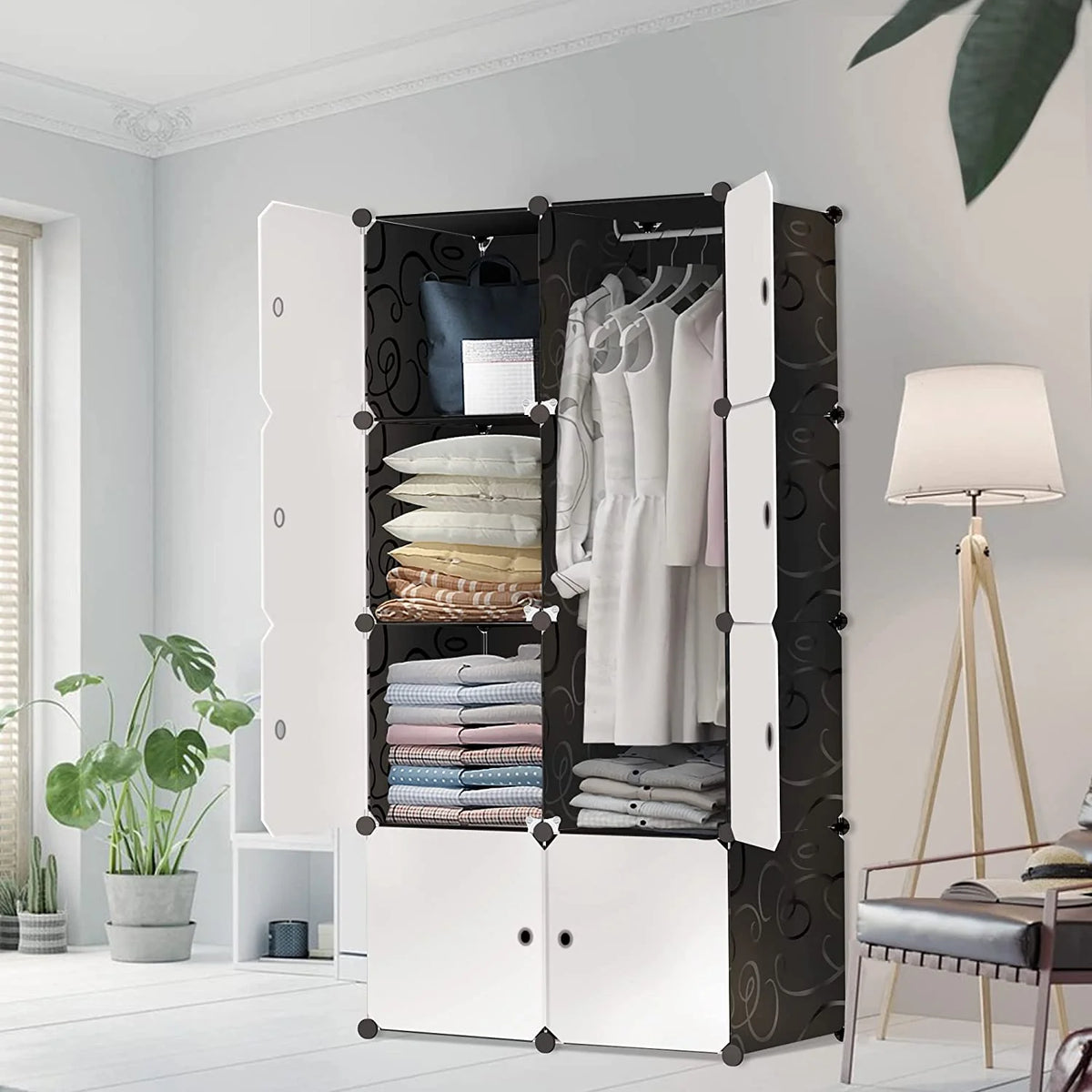 Portable Closet Wardrobe 4 Tiers 8 Doors Black Q45358