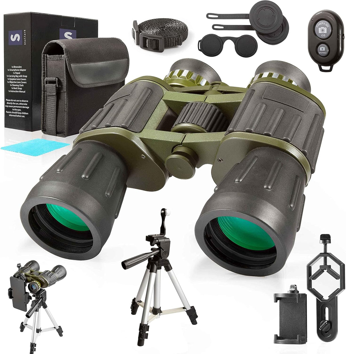 12X50 Full Size Binoculars with Tripod & Smartphone Adapter Carrying Bag F312