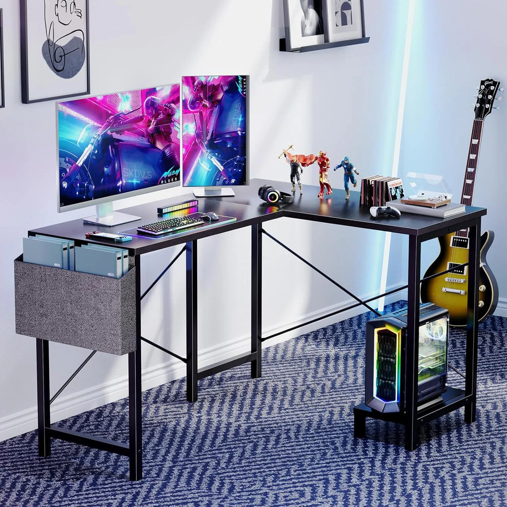 Black L Shaped Computer Desk with Wooden Desktop CPU Stand Side Bag N589313
