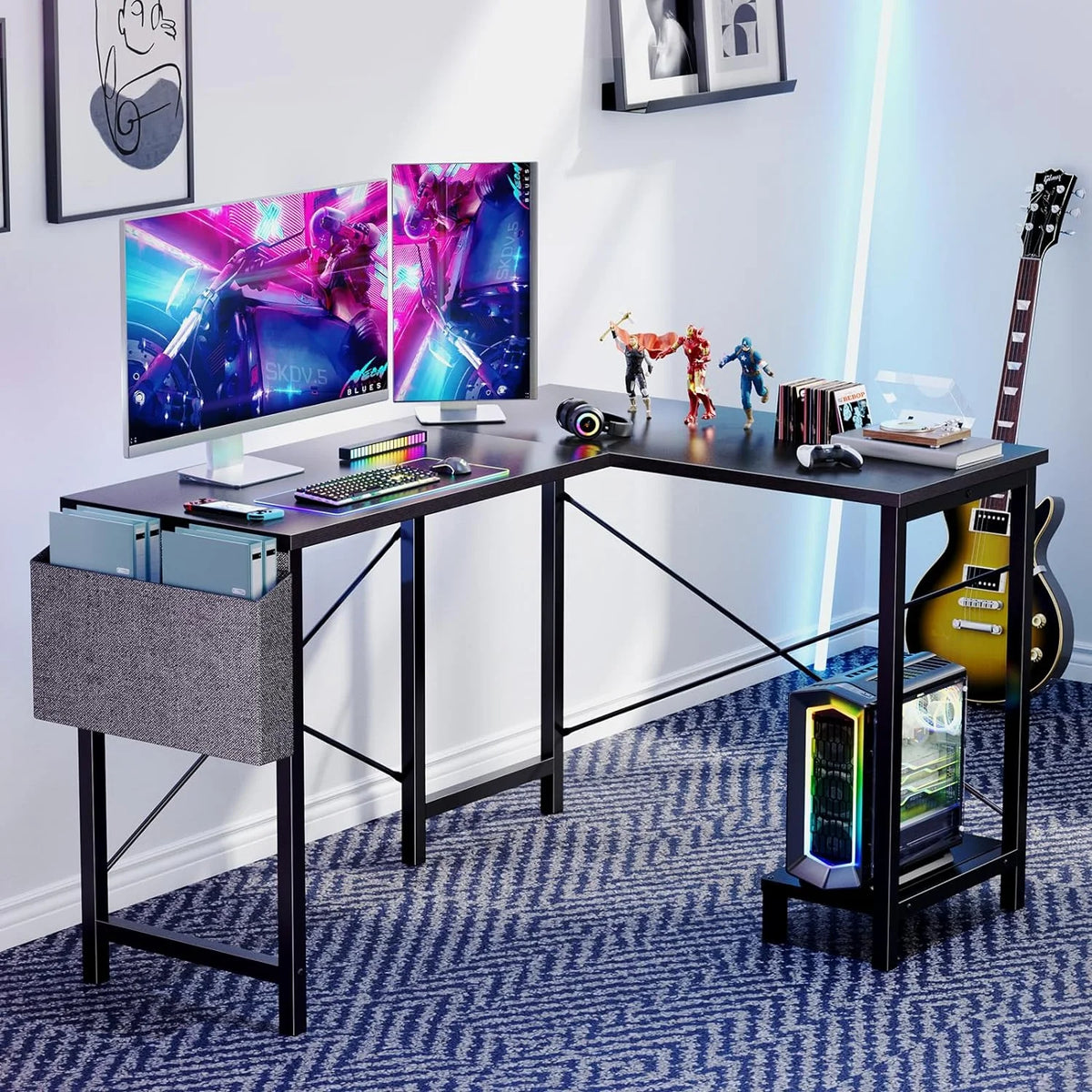 Black L Shaped Computer Desk with Wooden Desktop CPU Stand Side Bag N589313