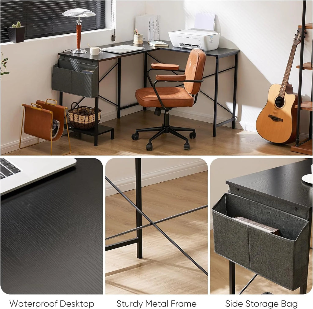 Black L Shaped Computer Desk with Wooden Desktop CPU Stand Side Bag N589313