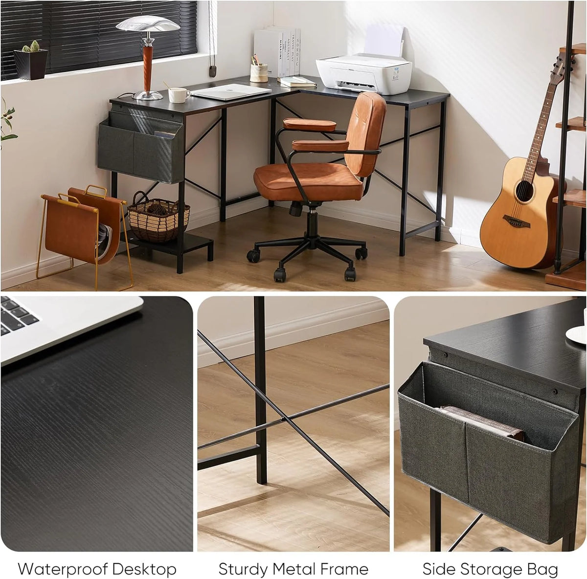 Black L Shaped Computer Desk with Wooden Desktop CPU Stand Side Bag N589313