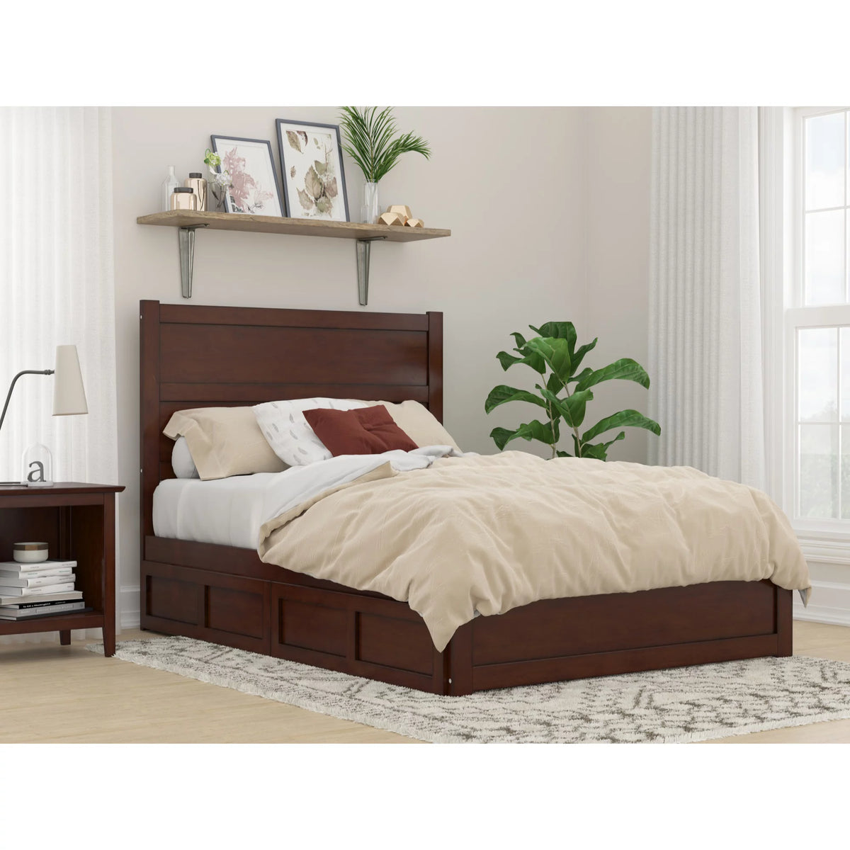 Wood Full Bed with Footboard and 2 Drawers in Walnut A9647