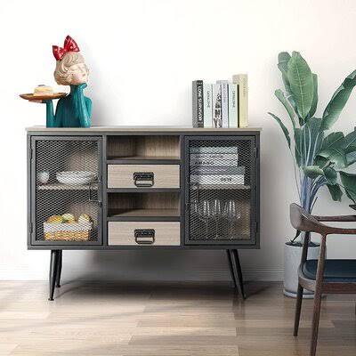 Industrial Metal Mesh Double Door Wood Antique Stackable Sideboard Buffet Storage Cabinet with 2 Drawers, 2 Cupboards and Shelf P196569