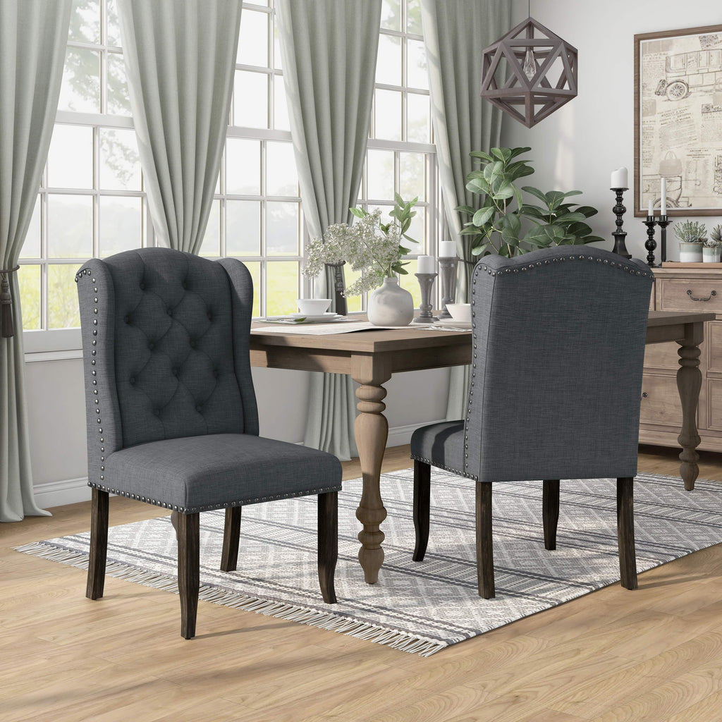 Beige Tufted Linen Wingback Dining Chairs Set of 2 A6753