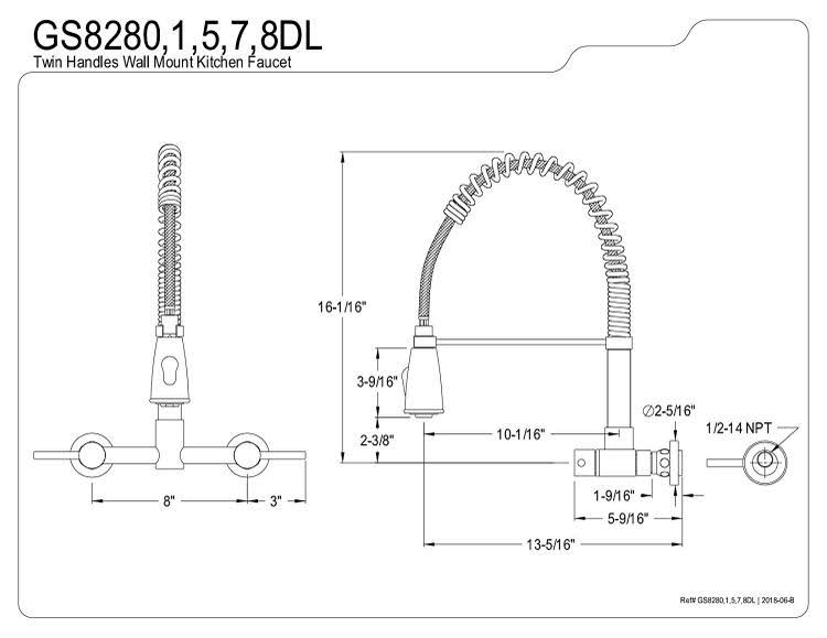 Polished Chrome 2-Handle Wall Mount Pull-Down Kitchen Faucet H508