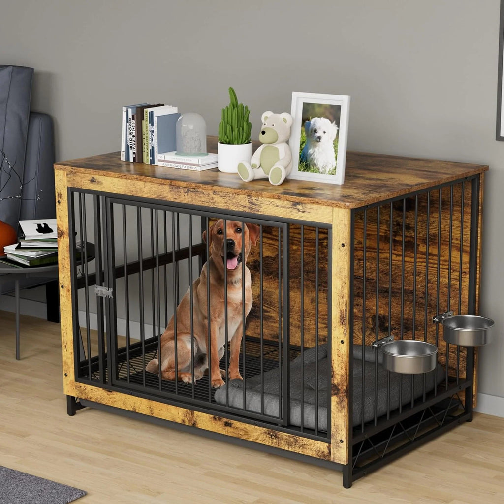 44.1'' Wooden Dog Crate with 2 Stainless Steel Bowls R679