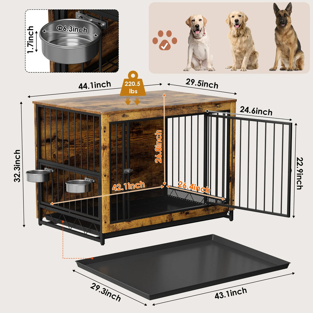 44.1'' Wooden Dog Crate with 2 Stainless Steel Bowls R679