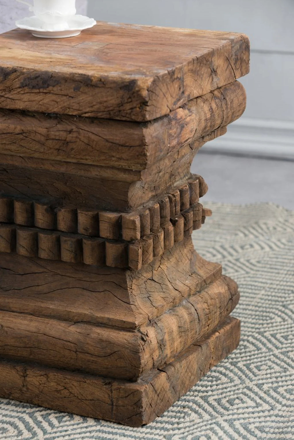 Organic Carved Wooden Pillar Stool D466387