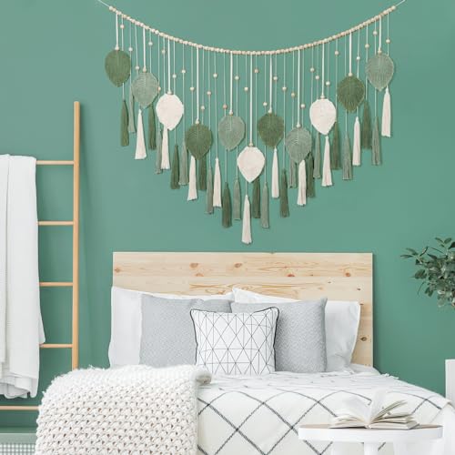 Large Macrame Wall Hanging Beige Green Feather Tapestry Wall Art Wooden Beads Handmade Woven Leaf Tassels Wall Decor Z4127