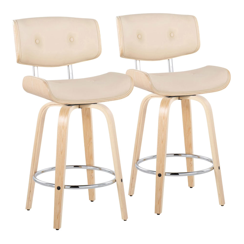 26" Mid-Century Modern Counter Stool with Swivel in Natural Wood and Cream Faux Leather with Round Chrome Metal Footrest - Set of 2 N4111