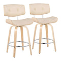 26" Mid-Century Modern Counter Stool with Swivel in Natural Wood and Cream Faux Leather with Round Chrome Metal Footrest - Set of 2 N4111