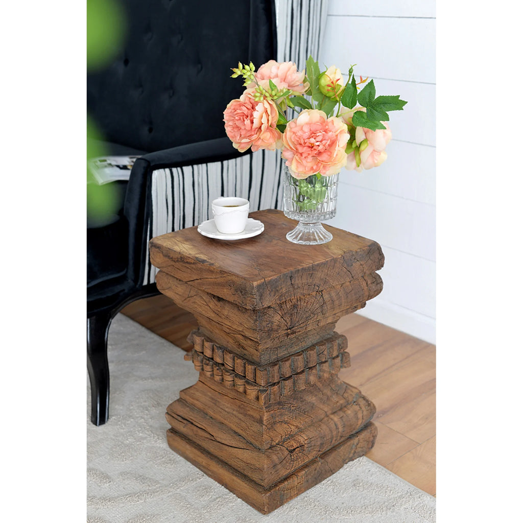 Organic Carved Wooden Pillar Stool D466387