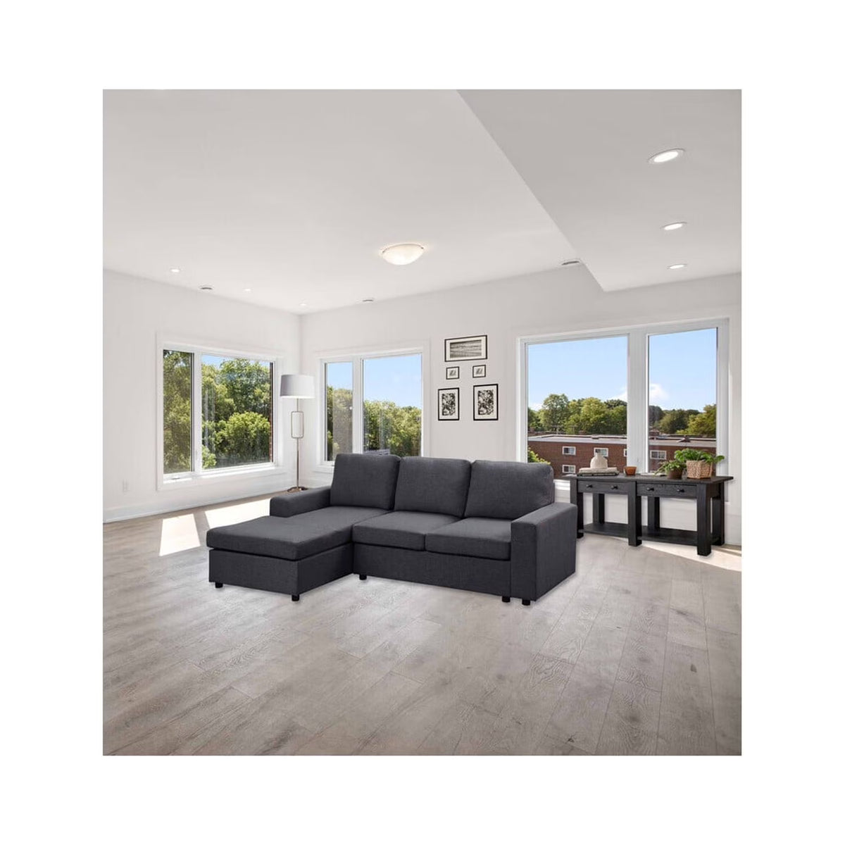 Dark Gray Linen Sofa with Reversible Chaise H9307