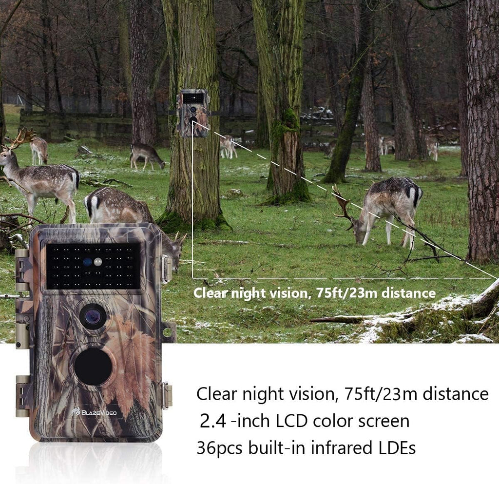 Deer Camera with Night Vision 24MP HD 1296P H.264 MP4 Video No Glow IR Motion Sensor Activated IP66 Waterproof O84789