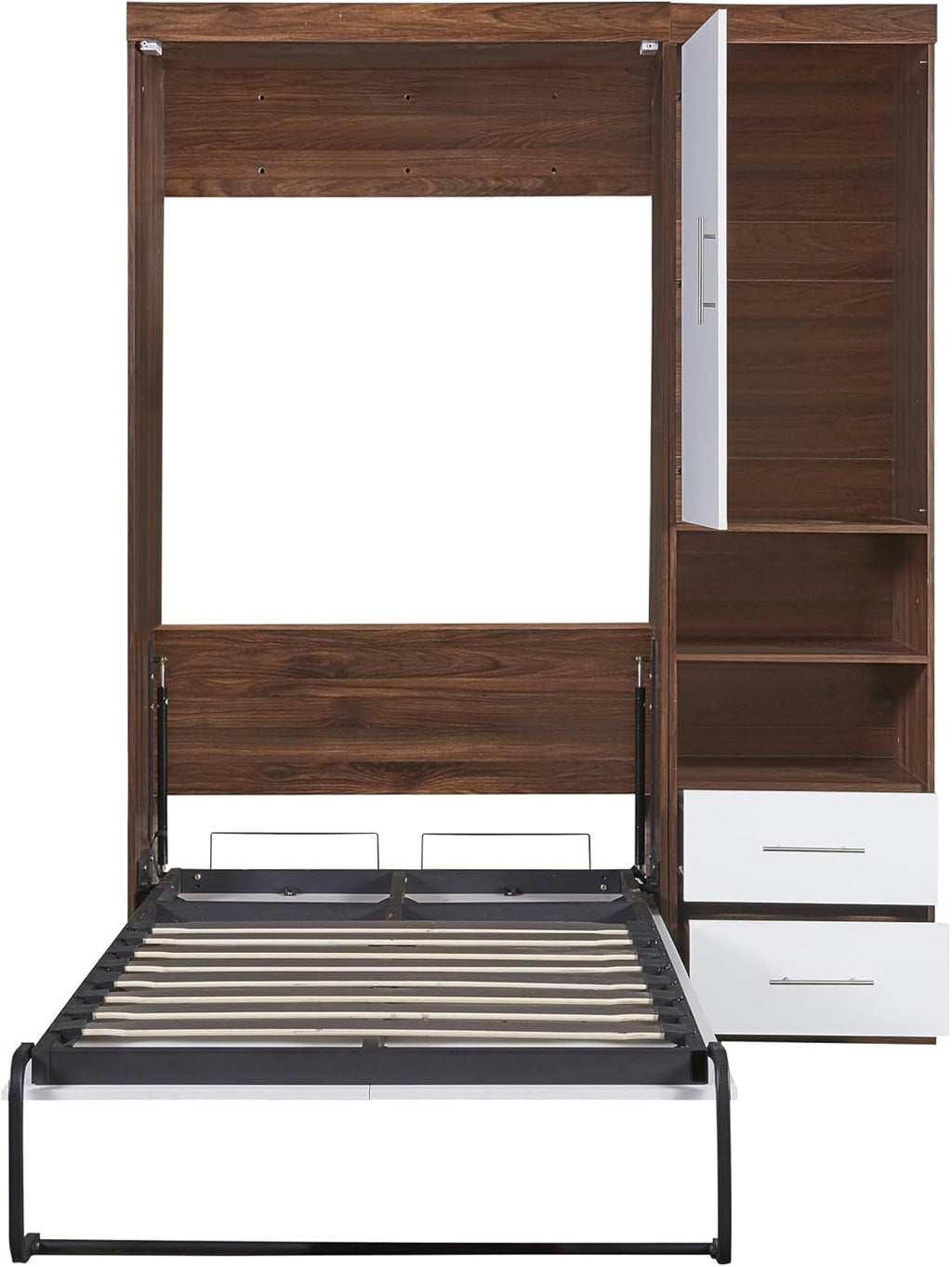 White Twin Size Wooden Murphy Wall Bed with Cabinet and Storage Drawers Q27657