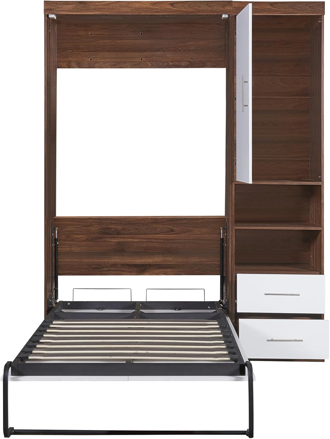 White Twin Size Wooden Murphy Wall Bed with Cabinet and Storage Drawers Q27657