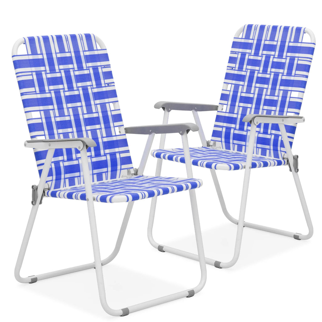 Folding Webbed Beach Chairs Set of 2 with Armrests, Blue P815549