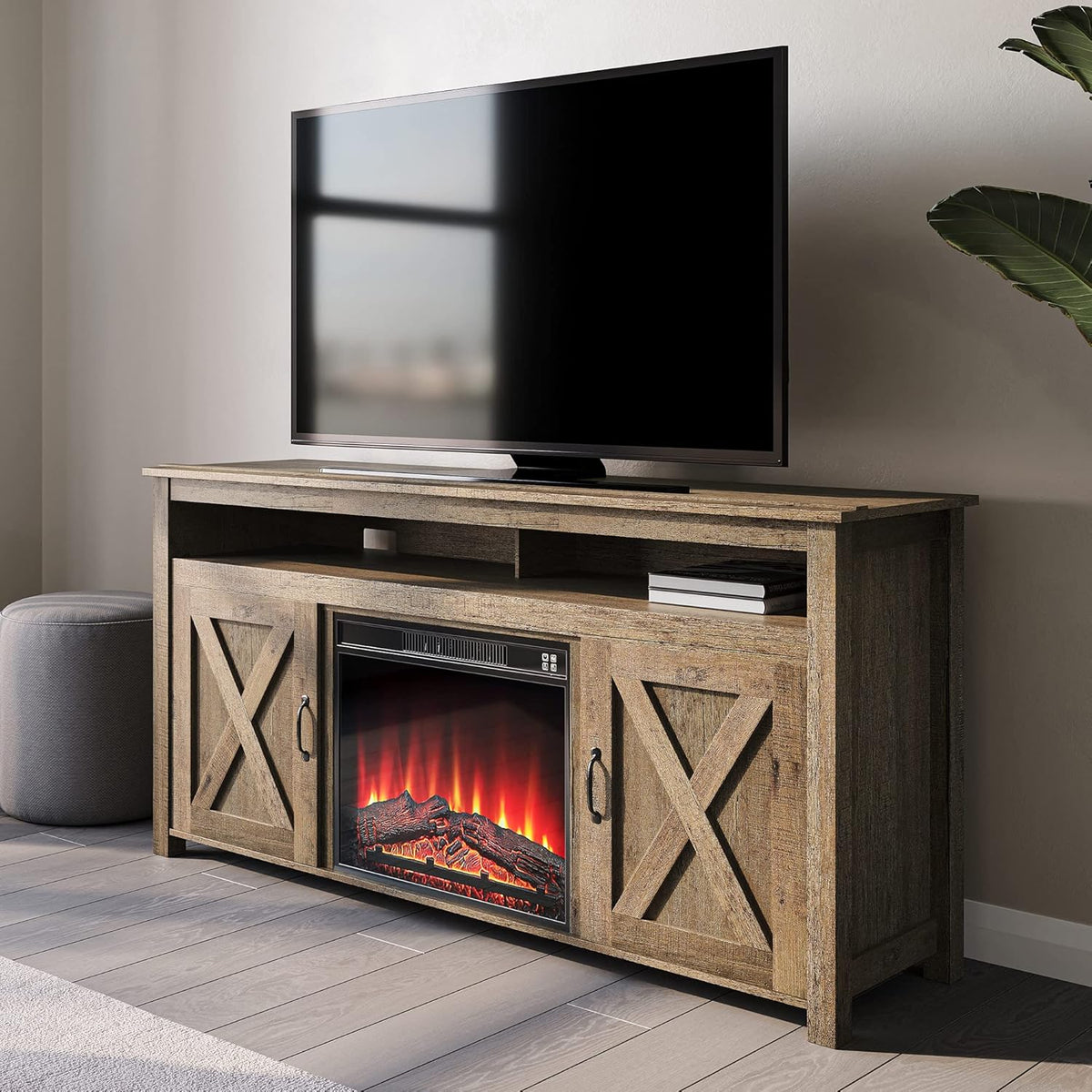 Gray Wash Barn Door Wood Electric Fireplace TV Stand W65645