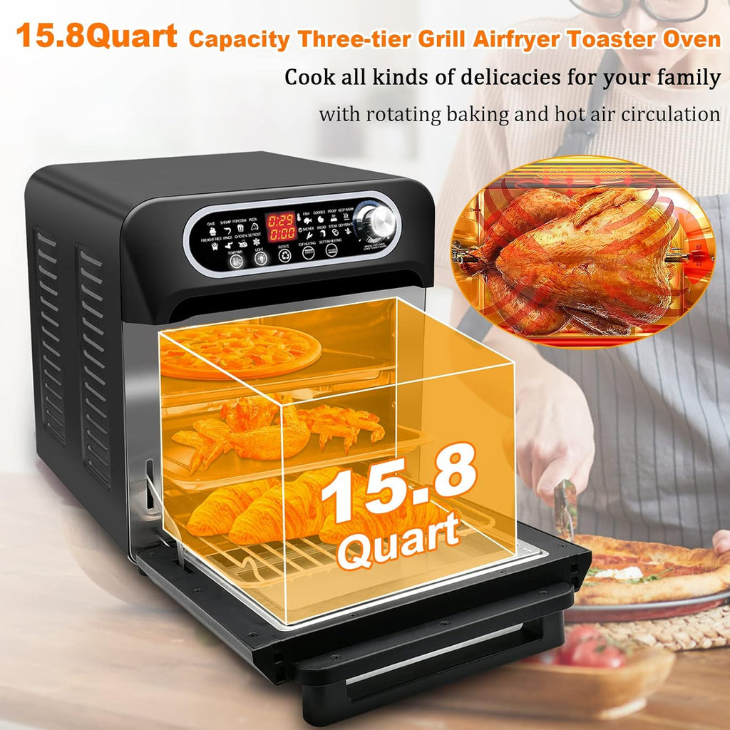 15.8qt 3-layer 16-in-1 Convection Air Fryer Toaster Oven with 6 Accessories, 1500W, Stainless Steel W388756