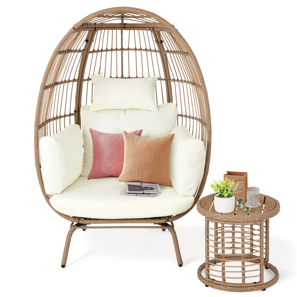 Oversized Wicker Egg Chair with Stand and Cushions T696013